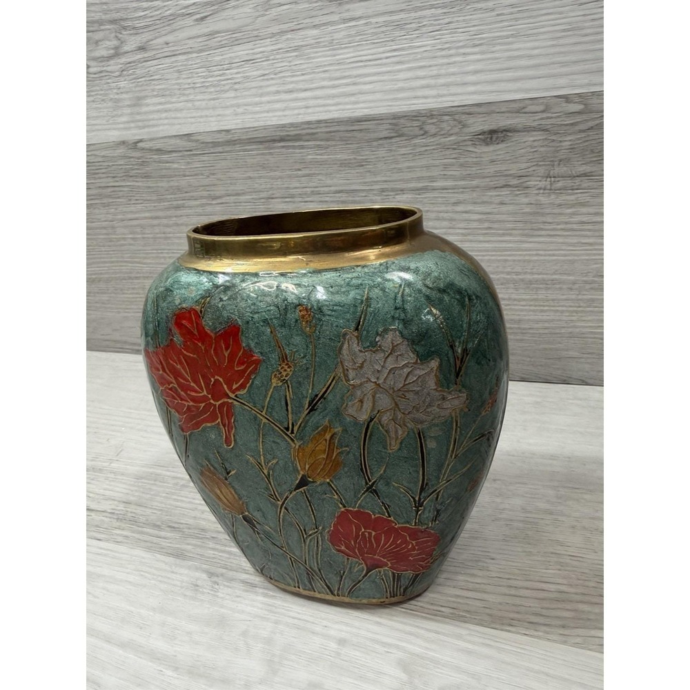 Solid Brass Polychrome Painted Lotus Vase Teal Gold Floral MCM 6"